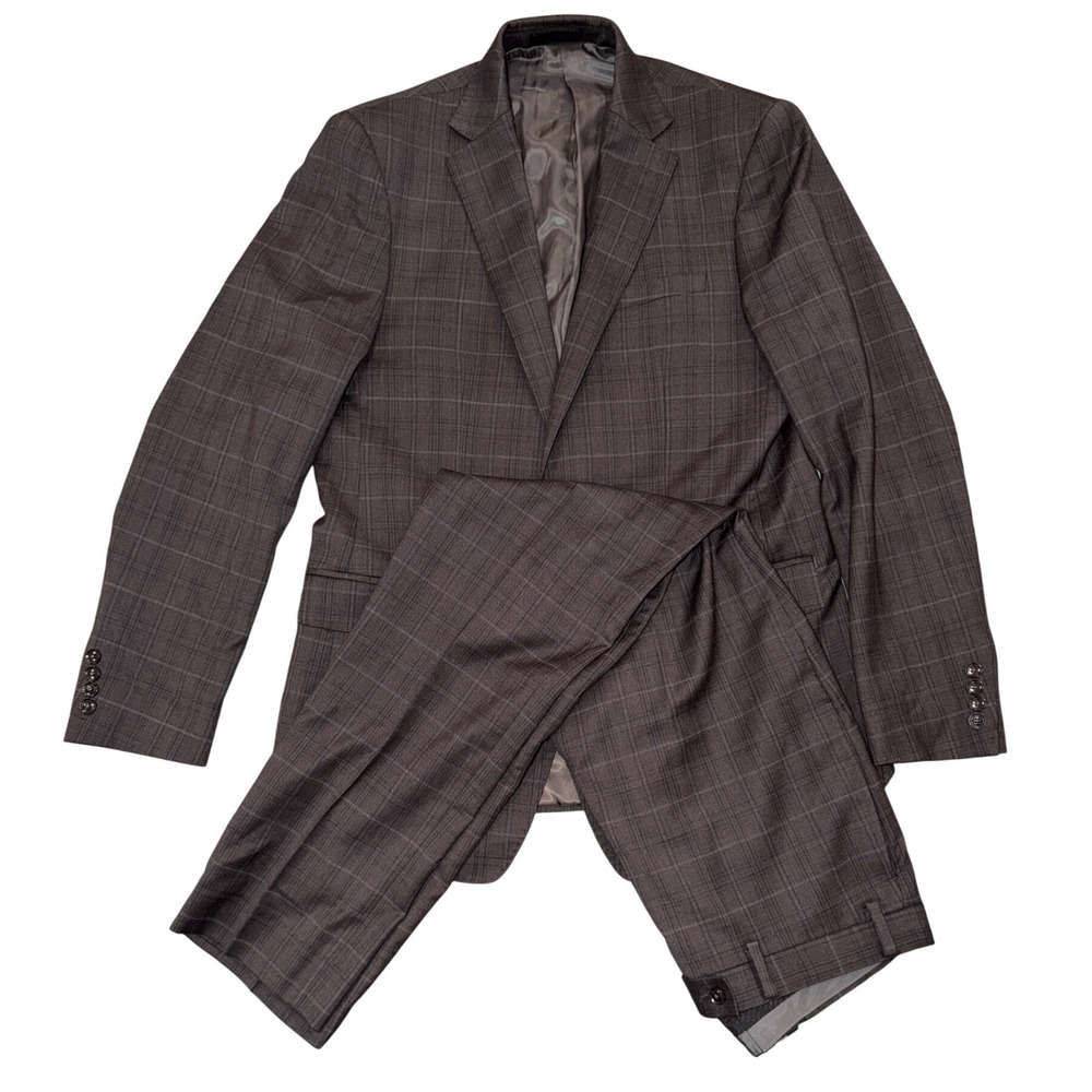 Calvin Klein X Slim Fit Mens Brown Plaid 2 Piece Wool Blend Suit 42L 34W 32L - Picture 3 of 11